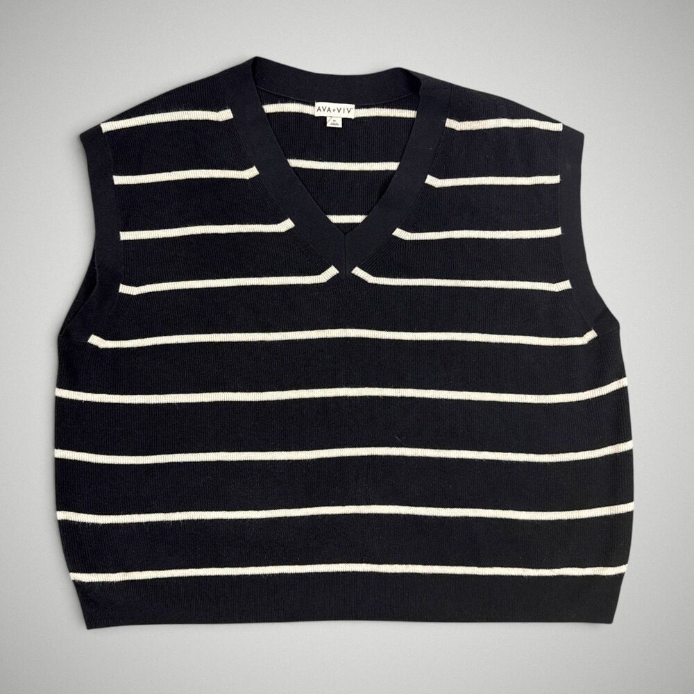 Ava & Viv Women's V-Neck Sweater Vest Black White Striped Plus Size 2X